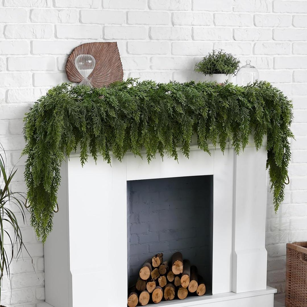 2 Pcs 6ft Christmas Garlands Cypress Garland, 160 Branches Real Touch Artificial Faux Greenery Garland for Mantle, Table, Wall, Indoor, Outdoor Christmas Decorations