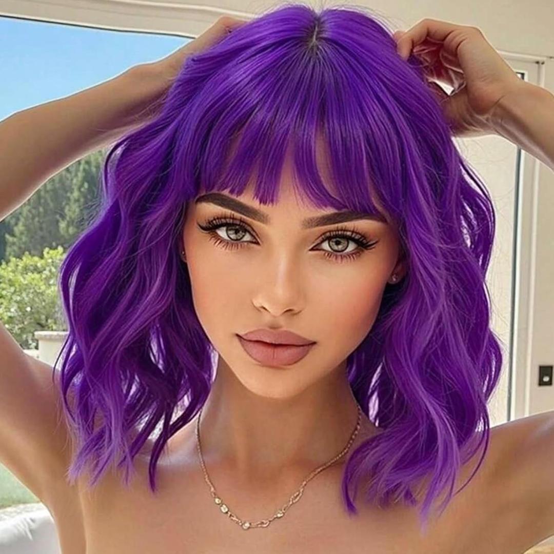 Purple Wig with Bangs Short Bob Wigs for Women Dark Purple Curly Wig Shoulder Length Women's Colorful Wavy Loose Wave Synthetic Heat Resistant Fiber Wigs for Cosplay Costume Party