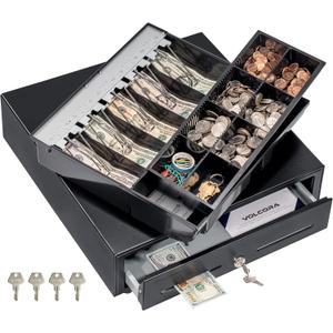 Volcora Cash Register Drawer for Point of Sale (POS) System with Fully Removable 2 Tier Cash Tray, 5 Bill/8 Coin, 12-24V, RJ11/RJ12 Key-Lock, Double Media Slot, Black