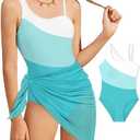 Girl's One Piece Swimsuits Color Block Cutout One Shoulder Bathing Suit with Mesh Cover Up 1 Piece Swimsuit Swimwear 15-16 Y