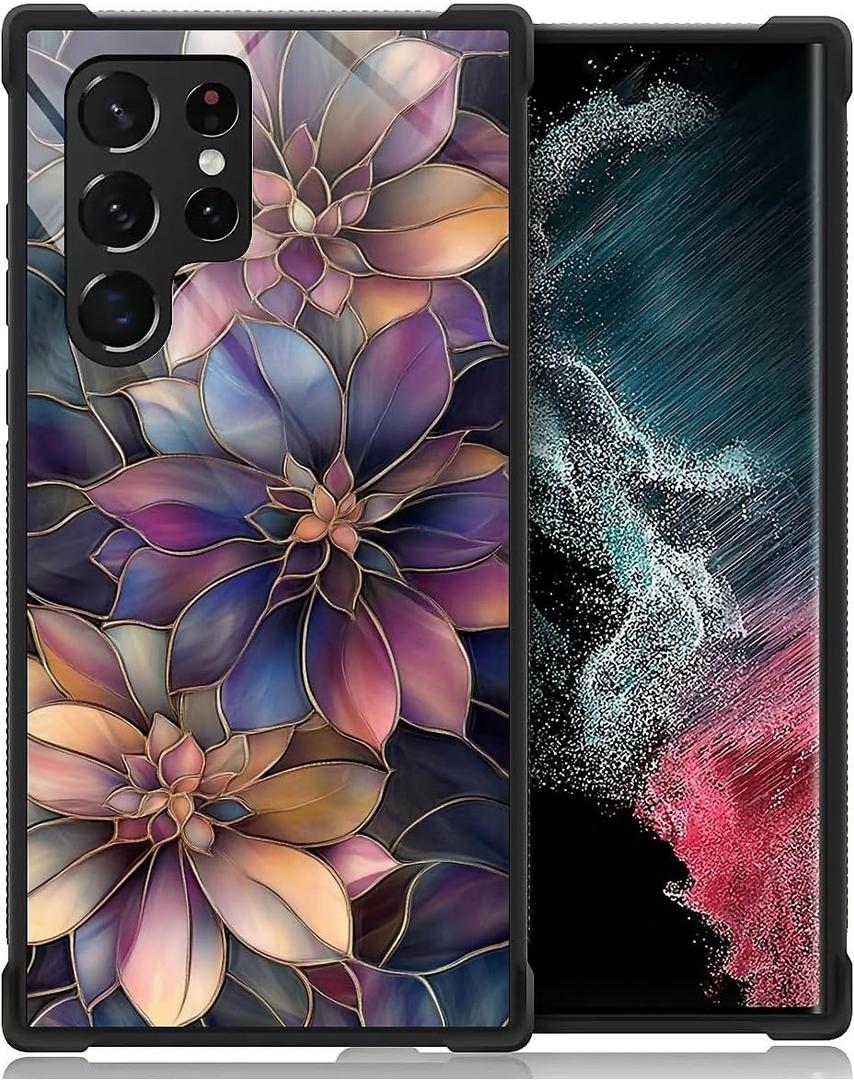 CARLOCA Compatible with Samsung Galaxy S23 Ultra Case for Girls Boys Hard Shell Shockproof Protection Non Slip for Samsung Galaxy S23 Ultra Fashion Pattern Dark Purple Gold Flowers Stained Glass