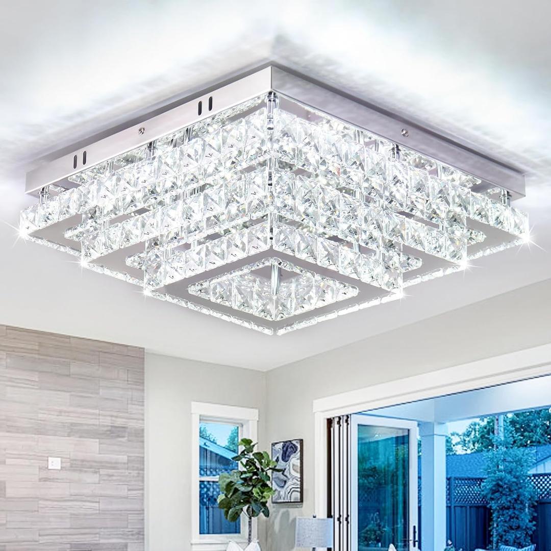 Finktonglan Square Crystal Ceiling Light Fixture, 15" Modern Flush Mount Chandelier, 3-Tier LED Ceiling Light for Living Room Dining Room Bedroom Hallway, 6500K Cool White