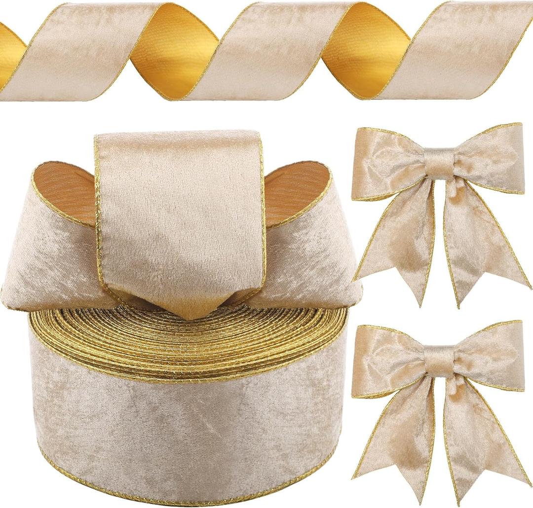 Yungyan Velvet Ribbons with Gold Edge Felt Ribbon Gift Bow Wrapping Ribbon for Handmade, Home Decor, Gift Wrapping, Wreath DIY Crafts, Christmas Tree(4 Inch X 60 Yards,Champagne Gold)