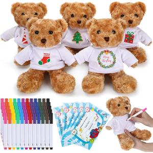 Blueweenly 20 Pcs Make Your Own Valentines Stuffed Bear Kit Including 9.84 Inches Velvet Animal White T Shirt 12 Colors Pens and Card DIY Stuffed Plush Valentine Gift for Crafts(Brown,Bear)