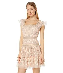 BCBGMAXAZRIA Women's Ruffle Cap Sleeve A Line Evening Dress Square Neck Short Tiered Ruffle Skirt, Pink, 8