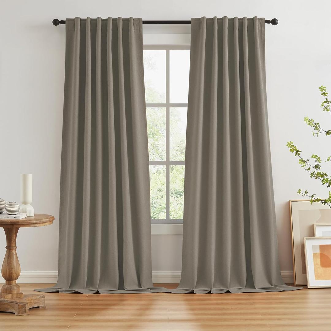 KEQIAOSUOCAI 102 Inch Blackout Curtains Taupe for Living Room 2 Panels Back Tab Hook Belt Primitive Farmhouse Large Window Faux Linen Drape for Sliding Door Track Pleated Look Sand Beach Decor