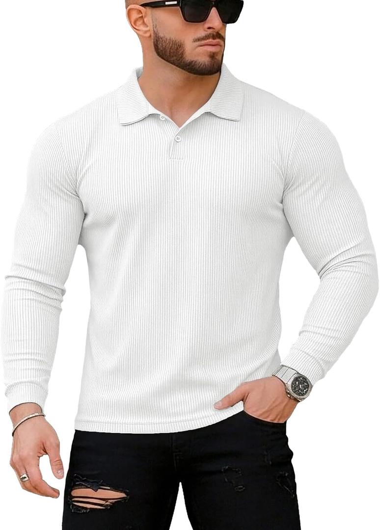 Muscle Cmdr Mens Slim Fit Muscle Polo Shirt Short & Long Sleeve Stretch Casual Golf Athletic Top (White, M)