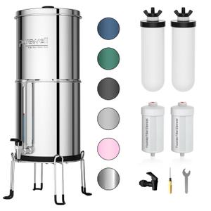 Purewell 8-Stage Gravity Fed Water Filter System, 2.25 Gallon Stainless Steel Countertop System with 4 Filters, Metal Water Level Spigot and Stand, Reduce Fluoride and Chlorine, PW-OBT-CF (Silver)