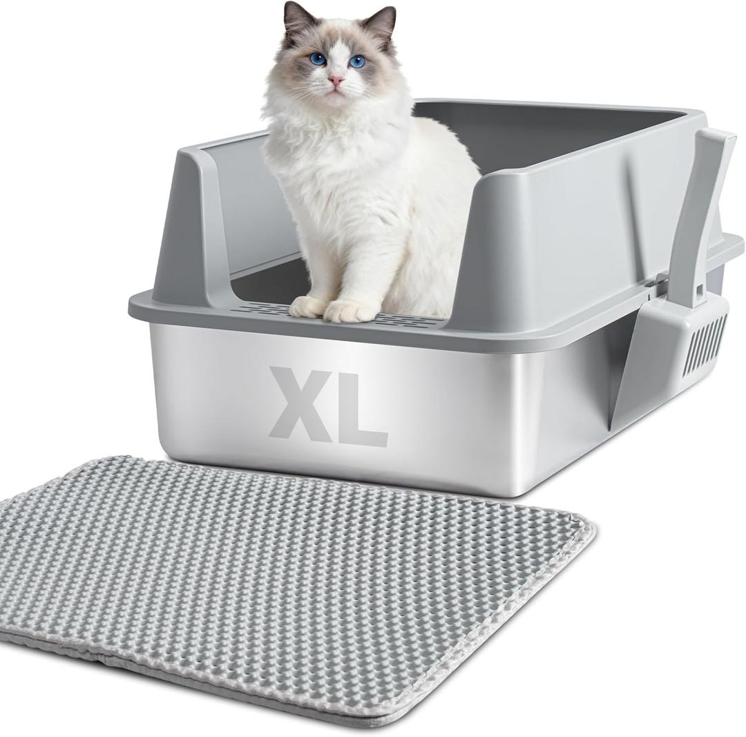 XL Stainless Steel Litter Box with Lid, Extra Large High Sided Metal Cat Litter Box with Mat and Scooper, Easy Clean, Non Stick & No Smell