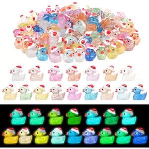 160 Pcs Mini Christmas Glitter Ducks Glow in The Dark Luminous Tiny Resin Ducks Small Duck Figurines for Xmas Tree, Dollhouse Micro Garden Landscape Aquarium Decoration Crafts