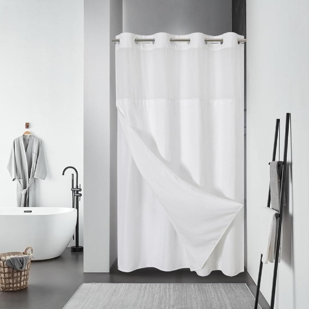 eachope White No Hook Waffle Weave Shower Curtain with snap-in Liner Replacement, 230GSM Waterproof Fabric Hotel Shower Curtain Set for Bathroom, Through Mesh Top Window,60Wx74H