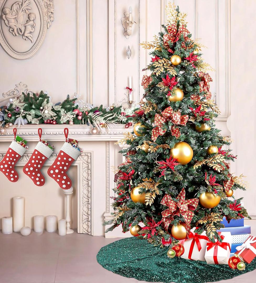 ShinyBeauty 21" Dark Green Sequin Velvet Tree Skirt | Elegant Christmas Tree Decor | Festive & Durable | Holiday Home Decor