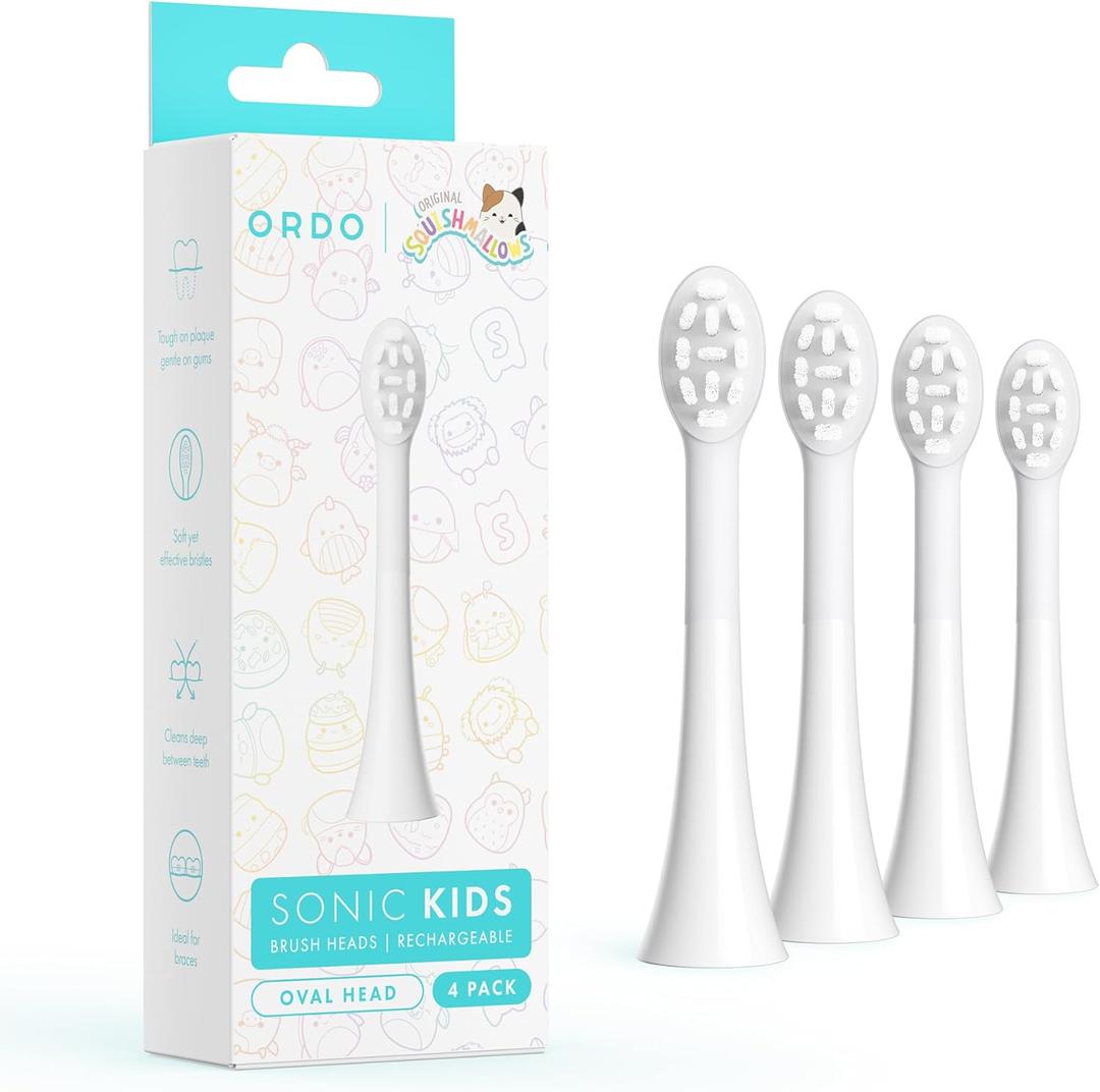 ORDO Sonic Squishmallows Kids Toothbrush Heads for Electric Rechargeable Toothbrush, Soft Bristles, for Children Ages 4 and Up, White (Pack of 4)