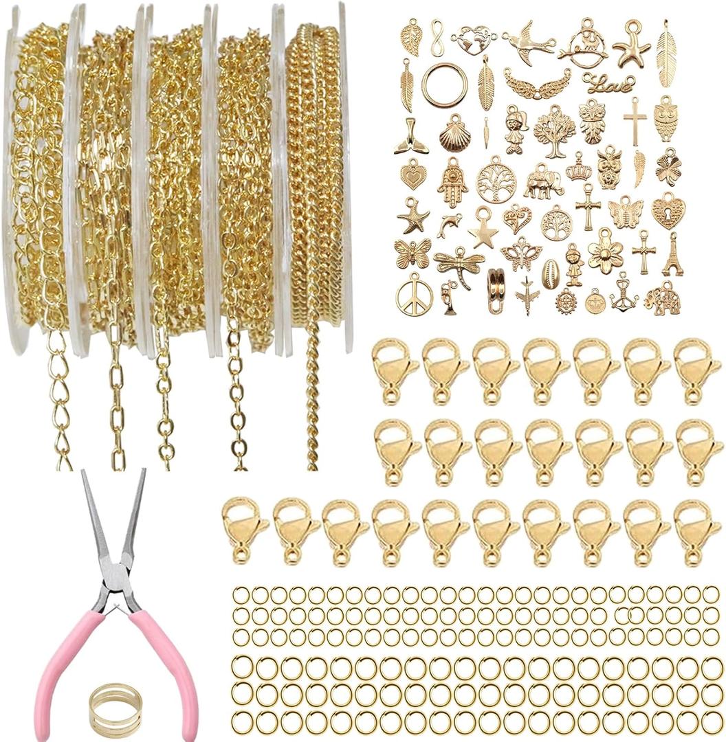 XKCWXY 14K Gold Chain for Jewelry Making,16.4 ft 5 Rolls Jewelry Chains Bulk for DIY Necklace Bracelet Making Accessories with Charm Pendants Jump Rings Lobster Clasps Pliers