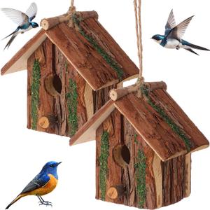 DoubleFill 2 Pcs Birdhouses for Outside Wooden Bird House with Moss Accent Hanging Design Birdhouse Natural Bark Finish Warm and Waterproof Rustic Bluebird House Cardinal Wren Hummingbird Garden