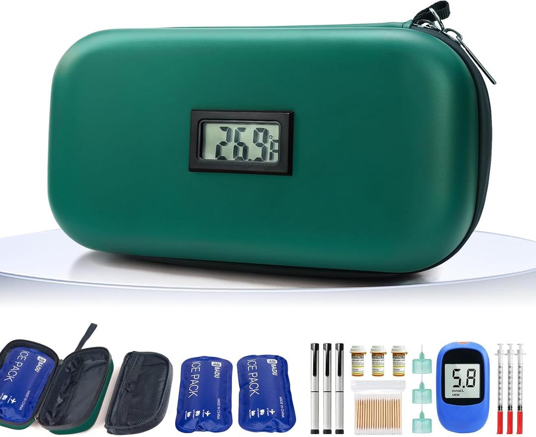 TSA Approved Insulin Cooler Travel Case Medication Cooler for Travel with Thermometer Temperature Display Diabetic Medication Organizer Medical Travel Cooler Bag with 2 Ice Pack (Dark Green)