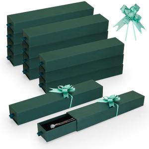 12-Pack Drawer Style Jewelry Gift Boxes with Sponge Insert, 8.7"x1.8"x1.2" Necklace & Bracelet Display Box for Presentation, Cardboard Storage Organizer for Pendant, Ring, Earring - Green