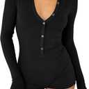 REVETRO Women's 2025 Spring Sexy V Neck Long Sleeve Shorts Romper Y2k One Piece Jumpsuit Bodycon Pajama Set Gym Bodysuit (Large, Black)