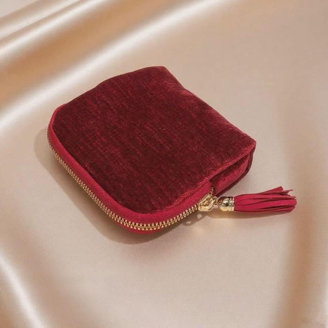 TXTIGER Small Travel Jewelry Case, Velvet Jewelry Pouch With Tassel Zippers, Organizer for Earrings, Necklaces and Rings, Anti-Scratch Portable Storage for Men & Women - Burgundy Red