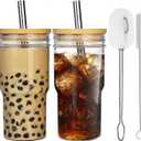 ALINK 2-Pack Glass Cups with Bamboo Lids and Straws, 22oz Mason Jar Glass Tumbler, Reusable Boba Cups, Iced Coffee Drinking Glasses for Bubble Tea, Smoothies, Juice - 2 Cleaning Brush