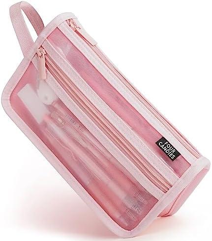 Four Candies Grid Mesh Pencil Case with Handle and Zipper, Clear Double-layer Pencil Pouch Marker Pouch, Travel Makeup Bag, Cute Transparent Stationary Organizer Pen Bag for Adult Office College