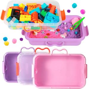 Carolart 3 Pack,Empty Sensory Bin,13.5 Inch Storage Container,Portable Plastic Storage Bins, Stackable Play Tray for Toys,Arts,Crafts and Sand, (Pink& Purple& Clear)