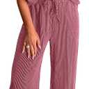 KIRUNDO 2 Piece Sets for Women Dressy Casual Ribbed Knit Short Sleeve Tops Wide Leg Pants Lounge Set Travel Airport Outfits, Large