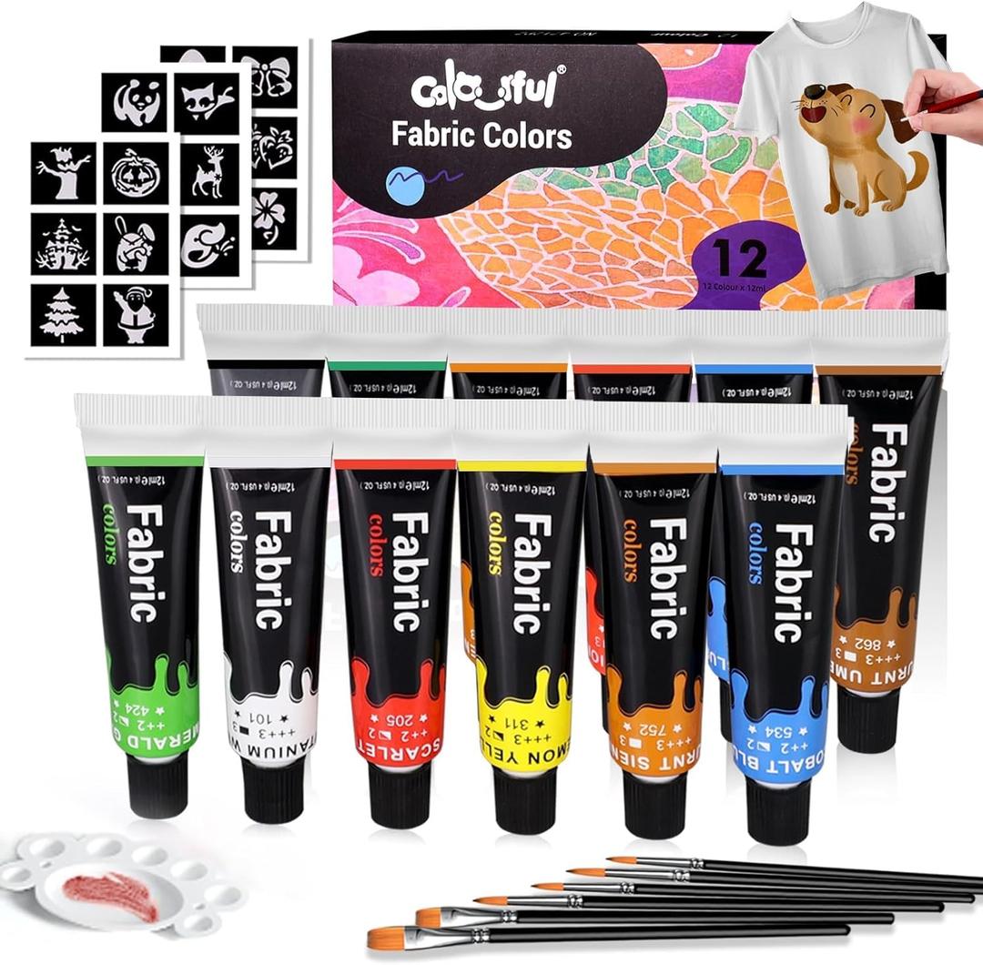 Colorful Fabric Paint Set for Clothes 12 Colors - Permanent Textile Paint Kit for Shoes, Canvas - Non-Toxic Slick Painting Set for Adults, Beginner & Artists (0.4 Fl Oz (Pack of 12))