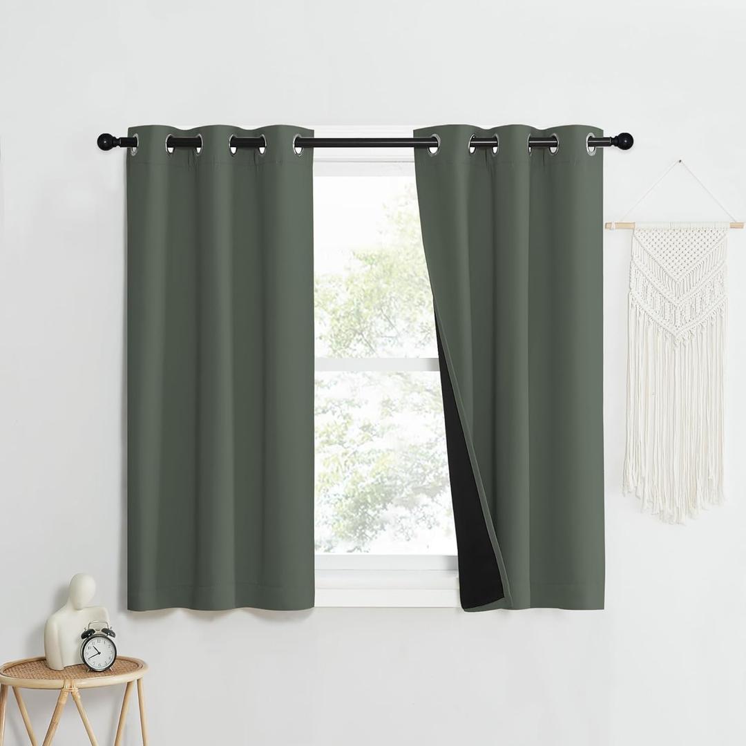 NICETOWN 100% Blackout Curtains 40" Long, Pair of Energy Smart & Noise Blocking Out Drapes for Baby Room Window, Thermal Insulated Guest Room Lined Window Dressing (Dark Mallard, 37" Wide)