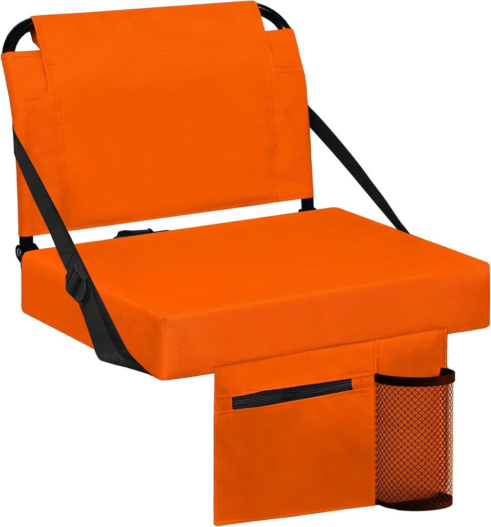 Stadium Seats for Bleachers with Back Support Bleacher Seat Soft Cushion Lightweight Includes Shoulder Strap & Cup Holder, Front & Back Zipper Pocket, Suitable for Sports Events, Orange