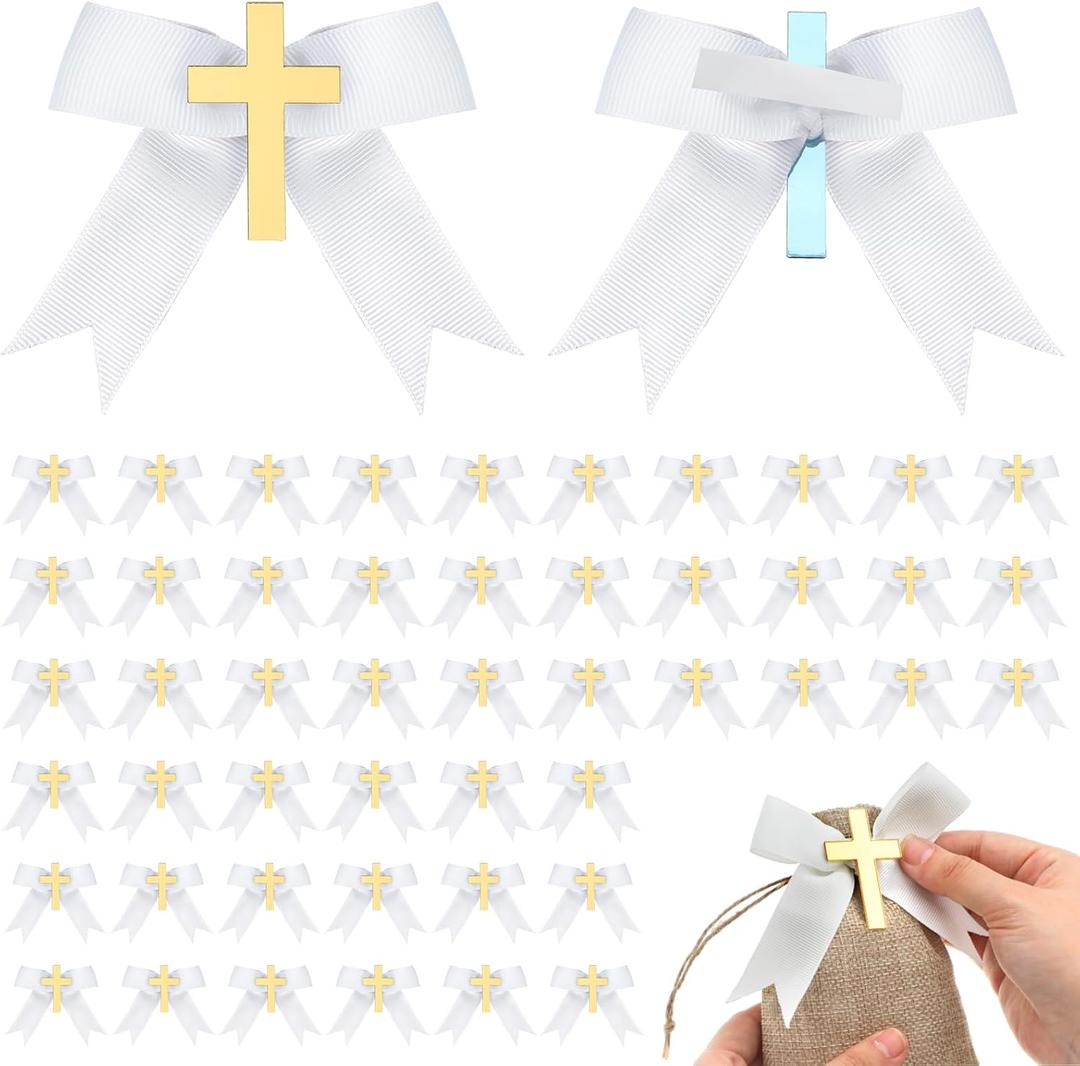 Zeyune 50 Pcs Personalized Ribbon 3.94" Baptism Favor Bows Christening Baby Shower Cross Ribbon for Crafts Gift Bags Wrapping Wedding Baby Shower Party Decorations Self Adhesive