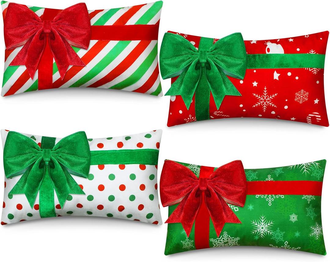 Kingdder Christmas Pillow Covers 12 x 20 Inch Set of 4 Farmhouse Xmas Throw Pillow Cases Gift Box Style Red Green White Snowflake Bow Decoration for Couch Holiday Sofa Cushion Decor