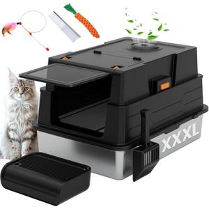 Enclosed Stainless Steel Litter Box XXXL, Extra Large 28" L x 20" W Metal Litter Box Enclosure with Cover and Foot Pedal and Scoop for Big Cats & Multiple Cats with High Sided, Easy Cleaning