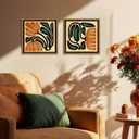 Mid Century Floral Wall Art Set of 2, Modern Square Abstract Botanical Wall Decor Picture, Vintage Boho Eclectic Plant Canvas Prints Paintings for Bedroom Living Room 16x16 inch Wood Framed