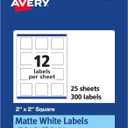 Avery Matte White Square Labels, Sure Feed Technology, 2" x 2", 300 Matte White Printable Labels