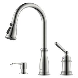 DAYONE 3 Holes Kitchen Sink Faucets with Pull Down Sprayer and Soap Dispenser, Separate Handle Brushed Nickel Sink Faucet for Kitchen, 2 Holes Single Handle High Arc