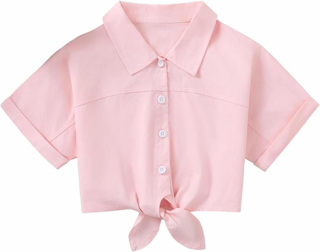 Hilinker Girls Button Down Short Sleeve Shirt Cute Summer Cotton Crop Tops Tie Front Blouse Pink 7-8 Years (Pink)