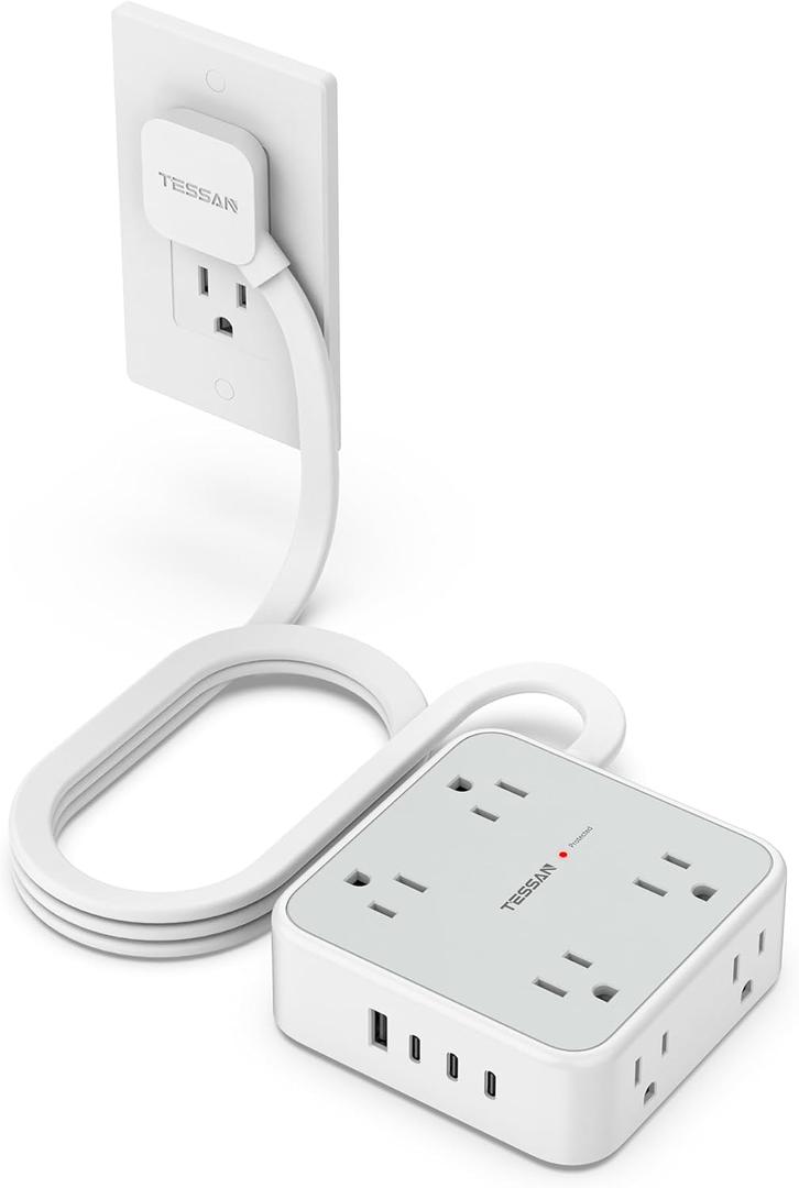 TESSAN Surge Protector Power Strip, 5 Ft Flat Plug Extension Cord with 4 USB (3 USB C) 8 Outlets, 1250W, 900J Protection, 3 Sided Outlet Extender with Power Switch for Office, Dorm Room, Grey