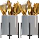 Caddy Flatware Caddy Holder Grey Ceramic with metal round frame Store Utensils, Silverware Organize kitchen Countertops and Dining tables(2 pieces 3.14 * 4.6 inch)