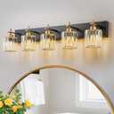 Modern Crystal Bathroom Vanity Lights, Black Gold 5-Lights Bathroom Light Fixtures Over Mirror, Crystal Wall Lighting with Polished Gold Finish(Exclude Bulb)