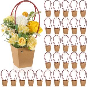 Gilprop 30 Packs Bouquet Bag Kraft Paper Flower Gift Bags with Handle Bouquet Bag Box with Waterproof Lining for Birthday Wedding Party Favors (11.8 x 3.5 x 2.5 Inch,Brown)