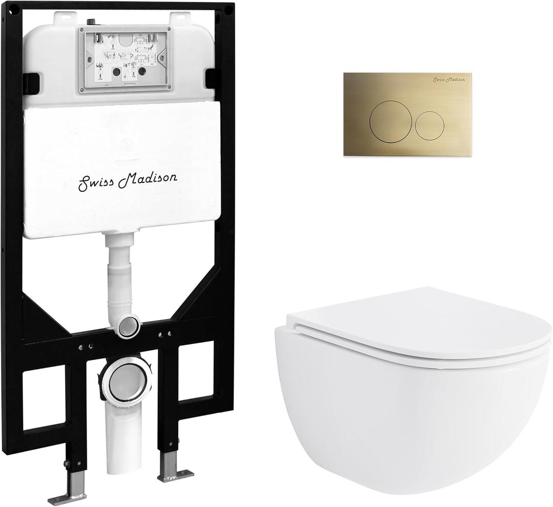 Swiss Madison St. Tropez Wall-Hung Toilet Bundle 0.8/1.6 GPF Dual Flush in Glossy White with Brass Flush Plate