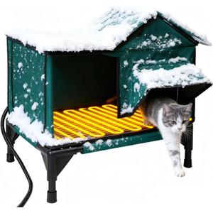 BARKBUDDY Heated Cat House for Outdoor & Indoor Use in Winer, 113F Constant-Temperature Heating Pad Waterproof Windproof Warm Shelter Cat Houses (Green, Medium (21" L x 13" W x 20" H))