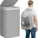 STORAGE MANIAC 2-in-1 Laundry Hamper with Laundry Backpack Bag, 90L Metal Frame Laundry Basket, Dirty Clothes Bag with Shoulder Straps and Mesh Pocket for College, Travel, Laundromat, Apartment, Gray