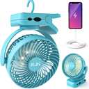 Clip on Fan 65Hrs Camping Fan with LED Light, 12000mAh Battery Operated Fans & PortableFan Rechargeable, Small Desk Fans USB TravelFan for Tent Camping Golf Stroller, Blue