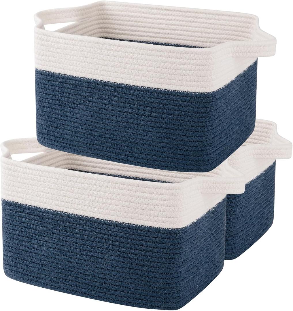 OIAHOMY Storage Baskets - Woven Cotton Rope Baskets for Shelves, Toy Towel Organizer Bins, Pack of 3, Blue & White (3 pcs-13x9.9x8.7)