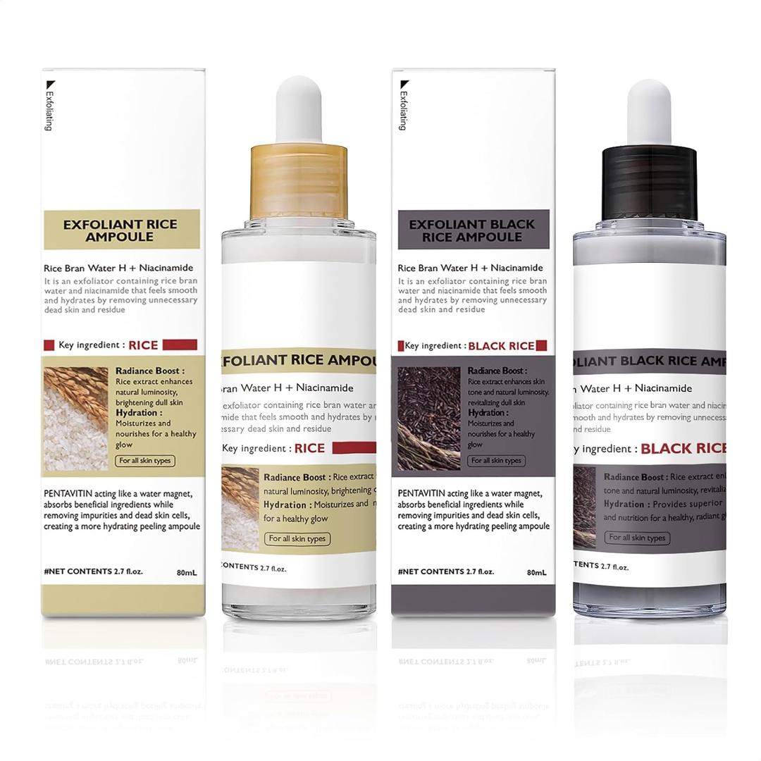Rice Exfoliating Ampoule Set, 2025 Upgrade Black + White Rice Exfoliant, Peel & Shot Glow Rice Ampoule Duo for Glowing Skin | Gentle Peel + Pore Minimizing & Deep Hydration for All Skin Types - 2 PCS