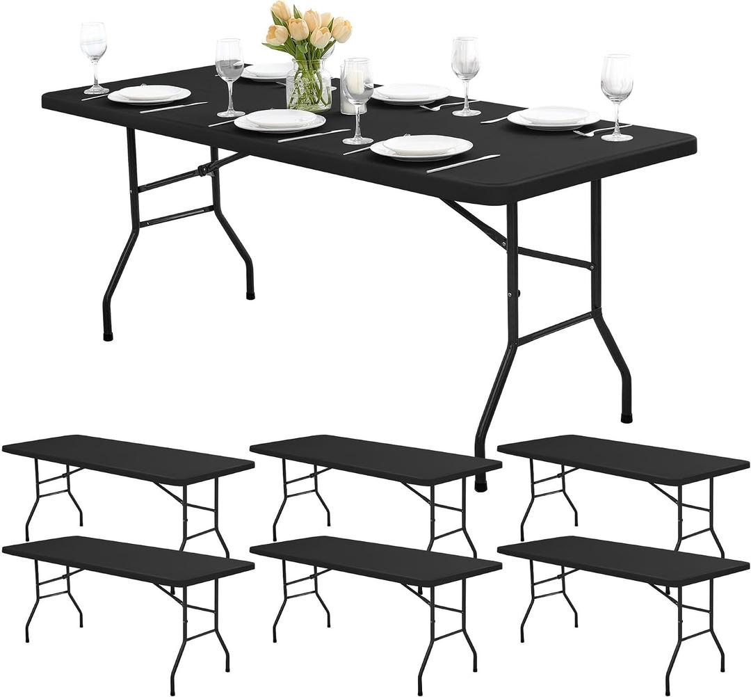 Fitted Tablecloths for 8-Foot Rectangle Tables - 6 Pack Outdoor Picnic Table Covers with Elastic, Washable Folding Table Protector for Party Banquet Graduation, 30x96 Inch, Black