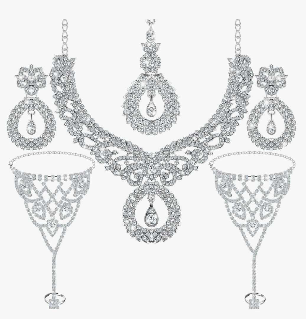 Sureio Indian Jewelry Sets for Women Bollywood Wedding Jewelry Set Choker Necklace Maang Tikka Earrings Rhinestone Bracelet