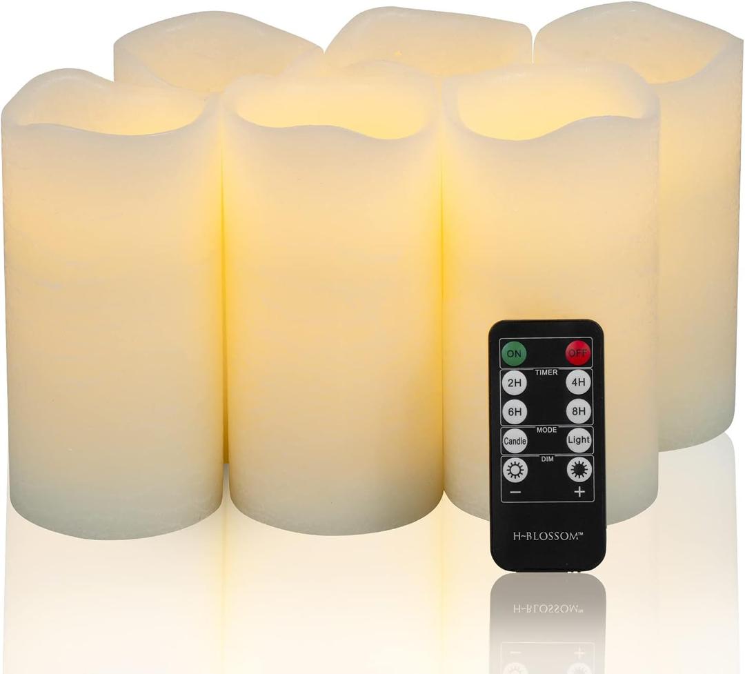 H-BLOSSOM Flameless Candles Battery Operated Real Wax Pillar LED Candles with 10 Key Remote Control Cycling 24 Hours Timer Set of 6 (3" x 6" Remote)